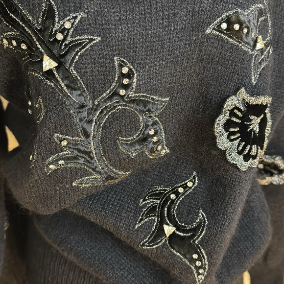 Vintage 90s Escada Black V-Neck Sweater with Velvet, Crystal Embellishments - Picture 2 of 8